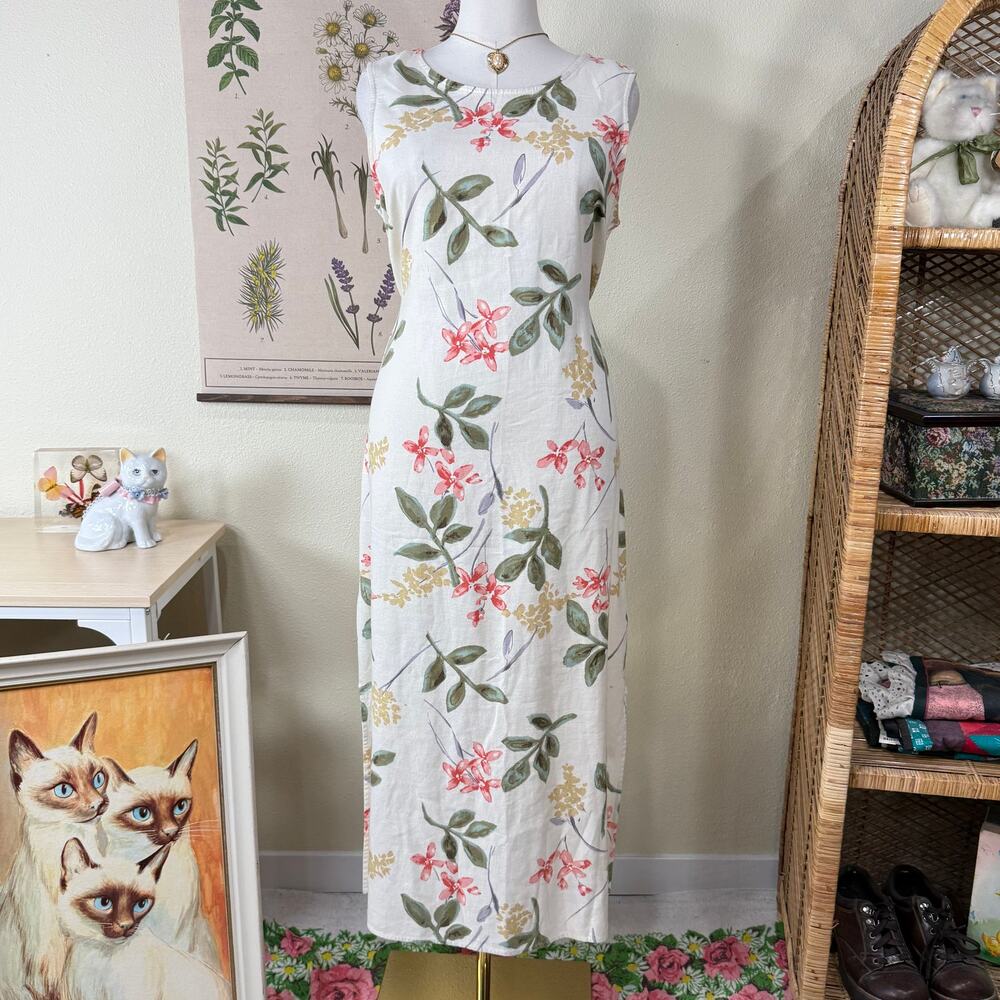 90s Floral Tie Back Linen Maxi Dress Cottage Fairy Grunge Coastal Grandma L 12